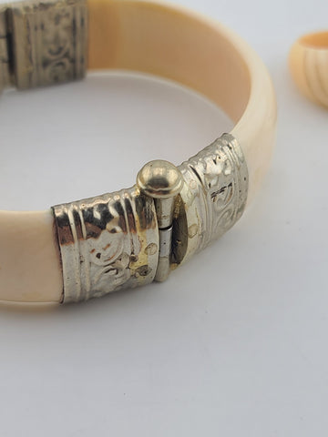 Rare Antique Set Of Bone Bracelet & Ring Intricate Hand Tooled Sterling Silver