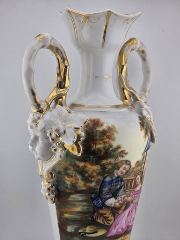 Antique 19thC Hand Painted Porcelain Vase Romantic Scene Gold Gilt Paris Style