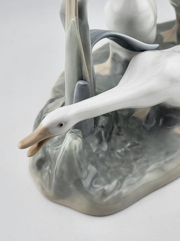 Try This. Lladro #4549 Geese With Snail on Reeds Large Porcelain