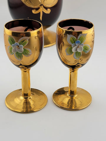 Vintage Murano Italy Ruby Red & Gold handpainted W Roses Decanter & 2 Glasses