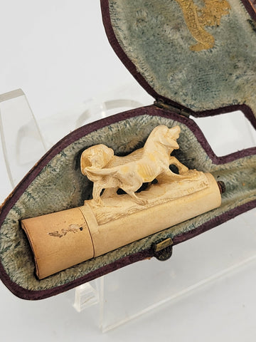 Antique 19th C Dog Theme German Meerschaum Cigarette Holder W Original Case.