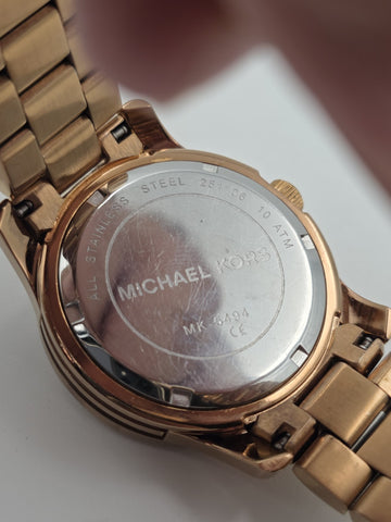 Michael Kors MK5494 Rose Gold Watch Mother of Pearl Dial Crystal Bezel 42mm Runs
