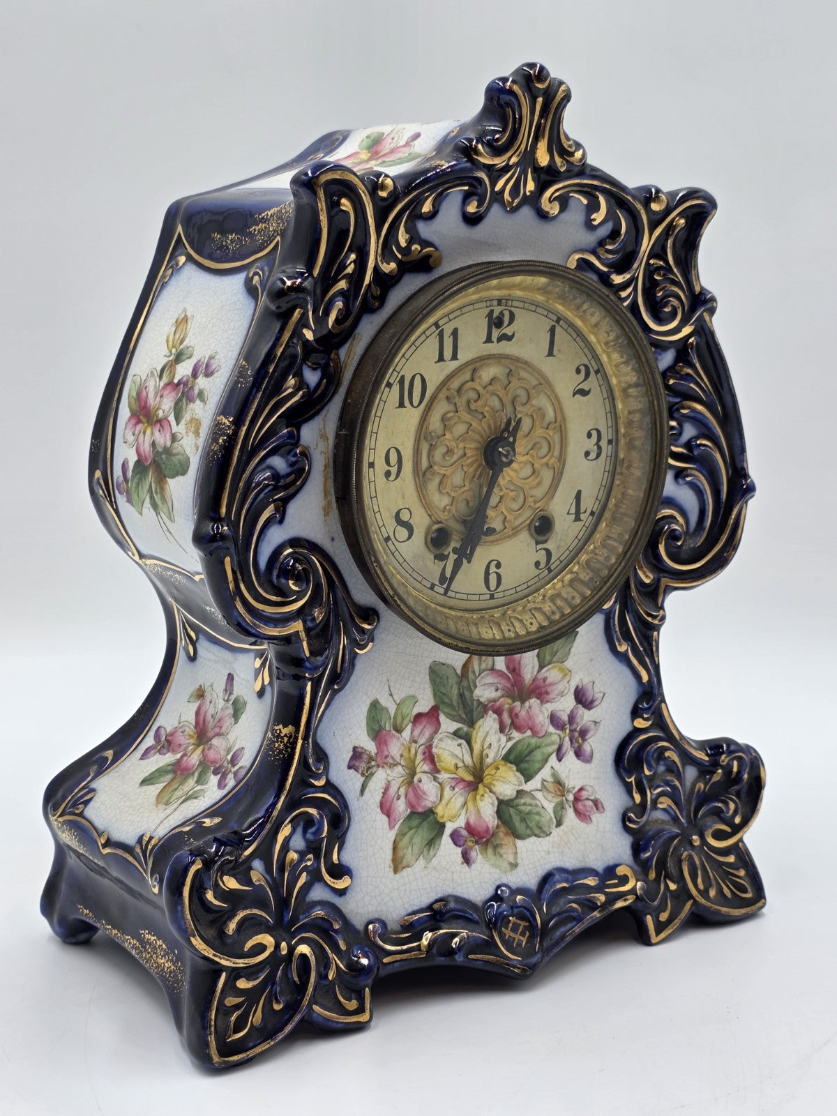 1889 WATERBURY Parlor No.98 Victorian Cobalt Blue Porcelain Ceramic Mantel Clock