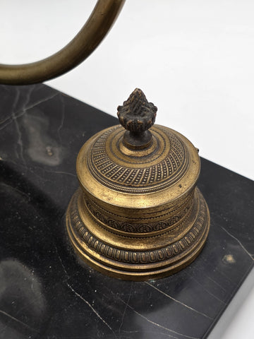 1920 Art Deco Brass Barrel Desk Lamp on Portoro Marble Base Dual Brass Inkwells