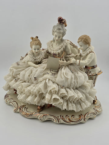 Large Dresden Art Germany Lace Porcelain Figurine Lady w Children W Sofa Reading