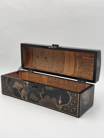 Rare Vintage Chinese Lacquer Scroll Box Gold Gilt Floral Birds Document Case