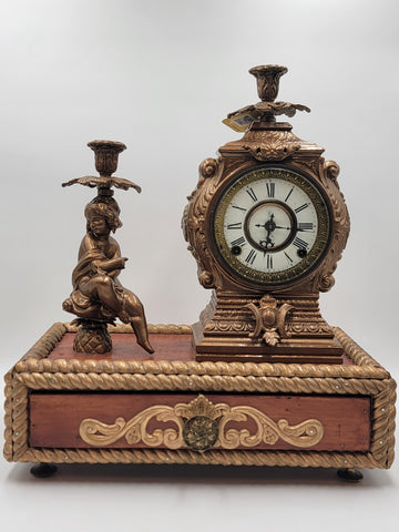 Antique 19th c. F Kroeber Clock Co New York Figural Mantle Clock W Drawer. Works