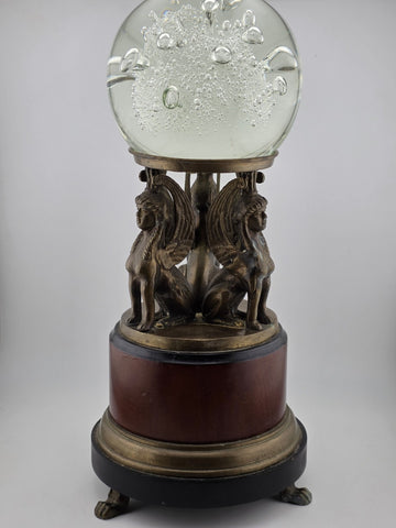 Antique Empire Revival Bronze Sphinx Jardiniere Stand on Marble Base W Glass Orb