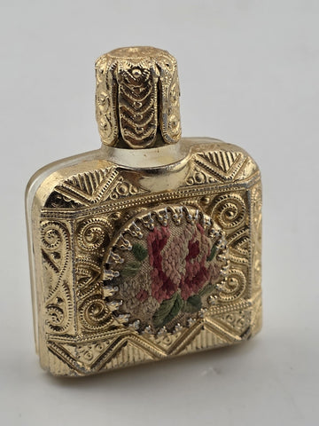Rare Antique 1950's Mini Perfume Bottles Floral Needlepoint & Gold Tone MCM Lot