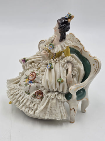 Vintage Dresden Lace Porcelain Lady Figurine Seated On Settee Sofa Germany 1078