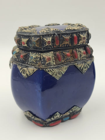 Vtg Mid Century Moroccan Berber Style Cobalt Ceramic Box Vase Metal Inlay Set