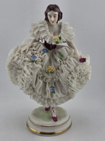 Antique Dresden Lace Porcelain Figurine Lady Dancer Flowers Germany MZ Crown 7”