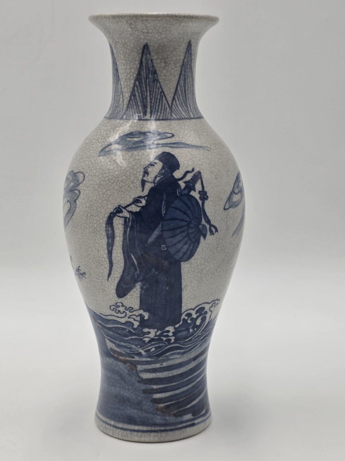 Antique Chinese Blue &White Crackle Glaze Porcelain Vase Immortals Qianlong Mark