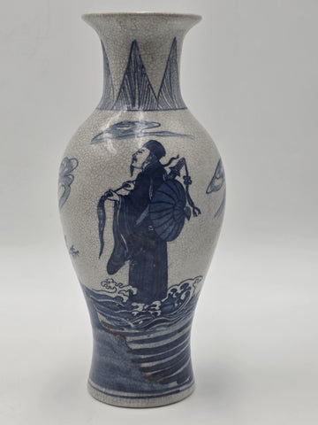 Antique Chinese Blue &White Crackle Glaze Porcelain Vase Immortals Qianlong Mark