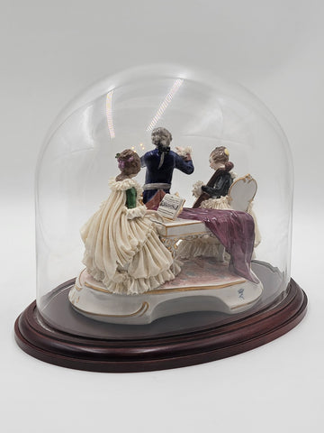 Antique 19th C Victorian Dersden Germany Laced Figurine Music Trio In Glass Dome