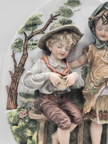 Antique German Bisque 3D Wall Plaque Framed High Relief Germany Children.