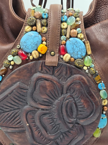 Vintage Cole Haan G Series Brown Leather Native American Style Large Hobo Bag