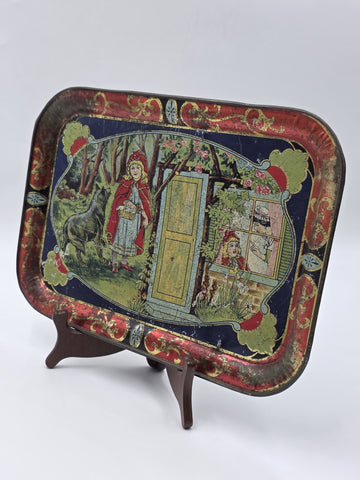 Rare Antique 1900's Collectible Tin German Red Riding Hood Serving Tray. 13 In