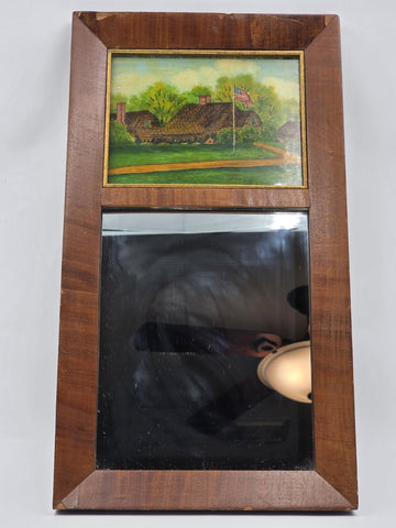 Antique 19th C American Empire Reverse Painted Glass Mahogany Divided Mirror