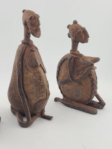 Rare Antique Set Of 3 Sitting Ethnic Tribal People Bronze Dogon Mali Africa