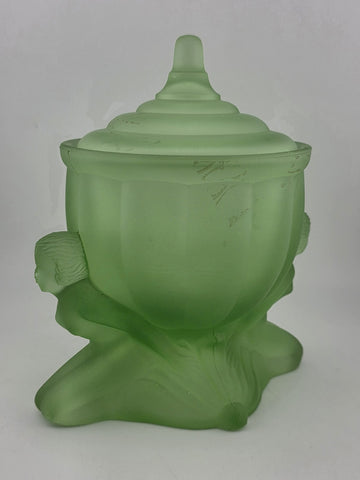 Vintage Art Deco Green Satin Glass Dolly Sisters Nymphs Powder Jar Candy Dish