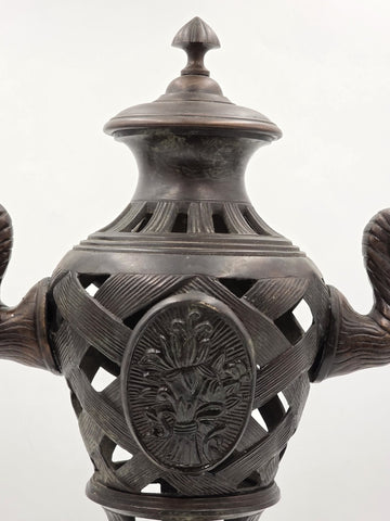 Antique Heavy Bronze Neoclassical Urn Ram Head Handles Pierced Vase Empire Style