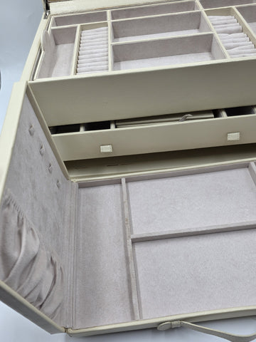 Vintage XL Pottery Barn 4 Level Jewelry Box Organizer Cream Case W Mirror & Key.