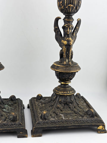 Ultra Rare 19th Century Egyptian Revival Gilt Bronze Sphinx Candlestick Holders