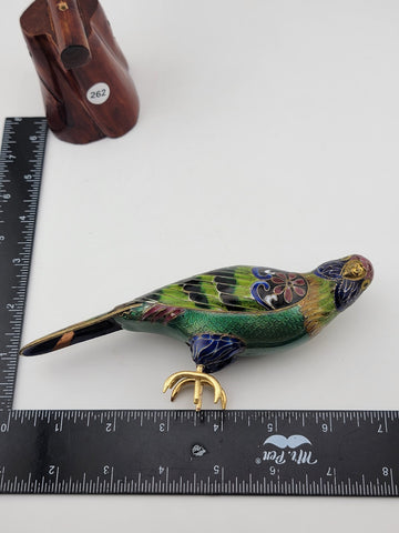 RARE BEAUTIFULLY COLORED CLOISONNE BIRD (PARAKEET) W WOODEN STAND. 7 Inch Wide.