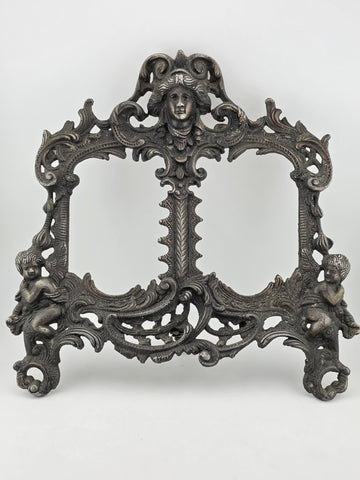 Antique Victorian Rococo Baroque Cast Iron Angel Cherub Double Picture Frame 4x5