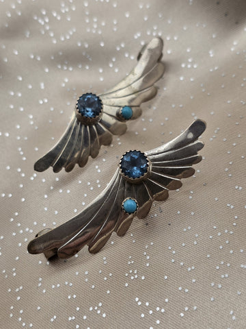 Rare Vintage Sterling Silver Wing Earrings Turquoise Blue Topaz Stone R.B. 925