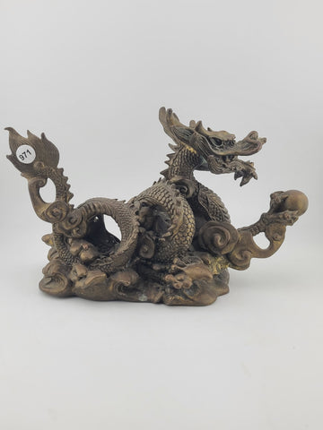 Antique Japan Solid Bronze 8.5" Intricate & Detailed Coiled Dragon w Pearl