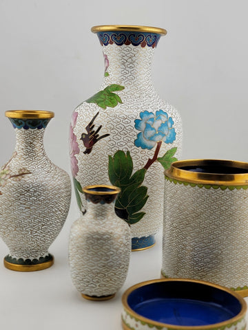 Gorgeous Assortment Of Mid Century  Cloisonne Including 3 VASES & A Tea Caddy.