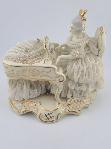 Antique Dresden Art Porcelain Lady at Grand Piano Figurine Lace Dress Germany