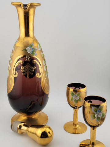 Vintage Murano Italy Ruby Red & Gold handpainted W Roses Decanter & 2 Glasses