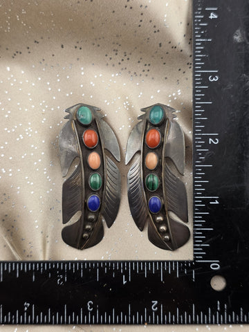 Vintage Navajo Sterling Silver & Gemstone Large Feather Pierced Post Earrings