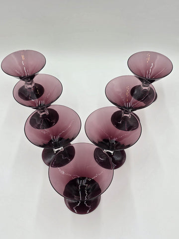ANTIQUE SET OF 7 MID CENTURY BRYCE WILMINGTON AMETHYST 5 1/2" CHAMPAGNE GLASSES.