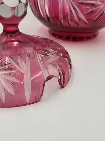 Rare 1940's Vtg Bohemian Cranberry Cut to Clear Crystal Punch Bowl Set w/13 Cups