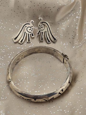 Aztec Style Mexican 925 Sterling Silver Animal Hinged Bracelet & Earrings Set