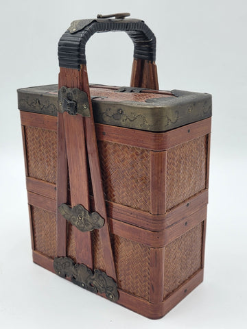 Antique Japanese Meiji Bamboo Picnic Basket Bento Box Woven Basket Complete Case