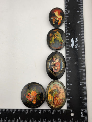 Rare Set Of 5 Vintage Hand Painted Brooch Pins Black Lacquer Russian Folk Art