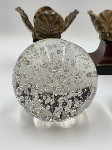 Rare Pair Of Antique Massive 6" Crystal Ball On Brass Leaves Bookends / Decor.