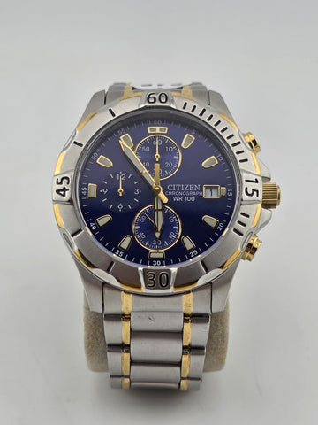 Citizen GN-4-S Chronograph 100M Two-Tone Blue Dial Quartz Men’s Watch. Working