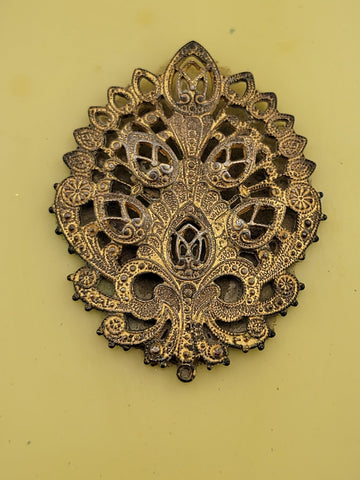 ANTIQUE 19th C Victorian 2-PIECE HANDHELD BRASS MIRROR & BRUSH SET Yellow Enamel