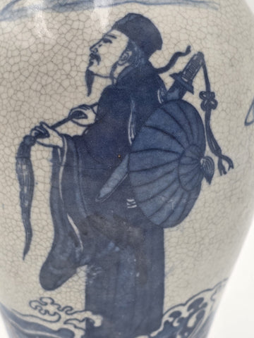 Antique Chinese Blue &White Crackle Glaze Porcelain Vase Immortals Qianlong Mark