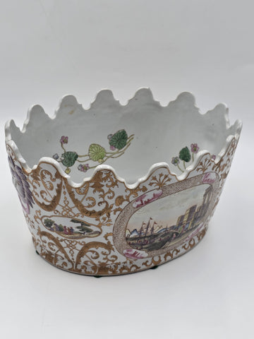 Chinese Export Porcelain Jardiniere C 1920 European Harbor Scene Gilt Cachepot