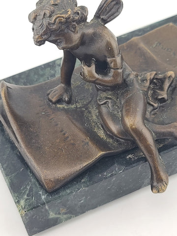 Ernest Justin Ferrand Bronze Winged Cupid Sculpture On Marble Base French Art