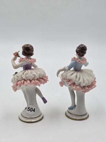 Vintage Dresden Style Porcelain Lace Ballerina Dancer Figurines Pair German 4"