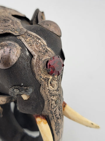 Rare Antique Indian Ebony Silver Overlay Jeweled Elephant W Real Ruby Stone.