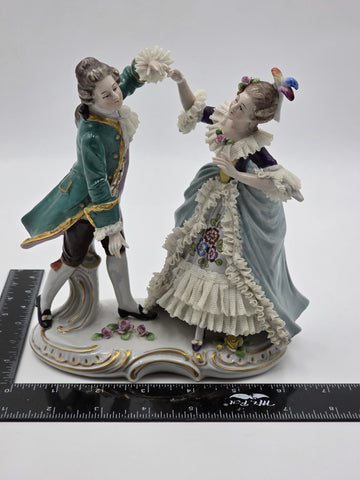 Vintage German Dresden Lace Porcelain Courting Couple Figurine Hand Painted 7.5"